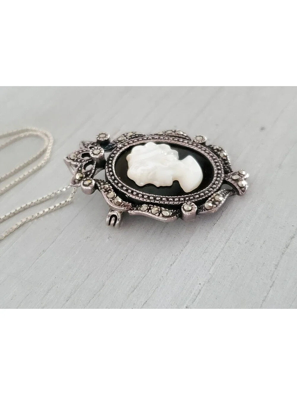 Vintage Sterling Silver Onyx Marcasite Cameo Brooch Pendant Necklace